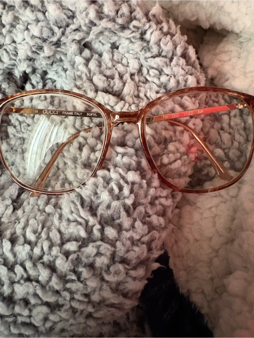 “Vintage 1980s Gucci GG 1122 Sofyl Eyeglass Frames Clear Pink Red Acetate Italy”